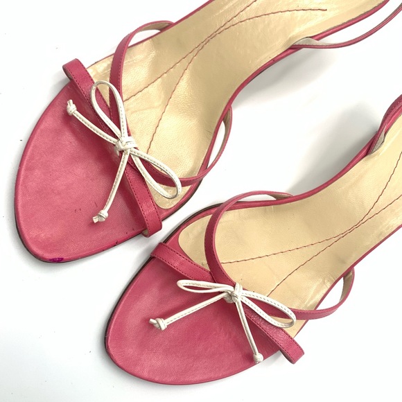 ❤️ Kate Spade ❤️Pink White Bow Strappy Sandals Wooden Kitten Heels Shoes 10B - Picture 3 of 8